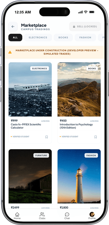 UniConfess local peer-to-peer campus marketplace interface for buying and selling textbooks