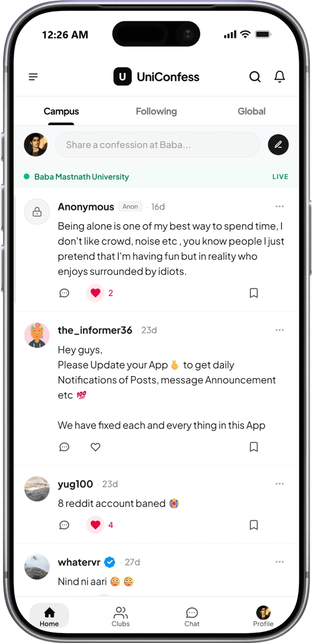 UniConfess app home feed interface showing anonymous campus confessions and student posts