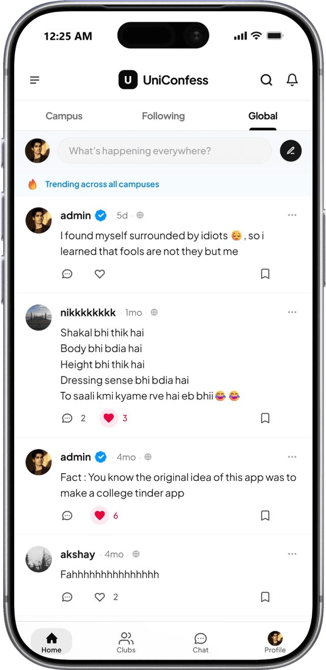 UniConfess app home screen dashboard interface