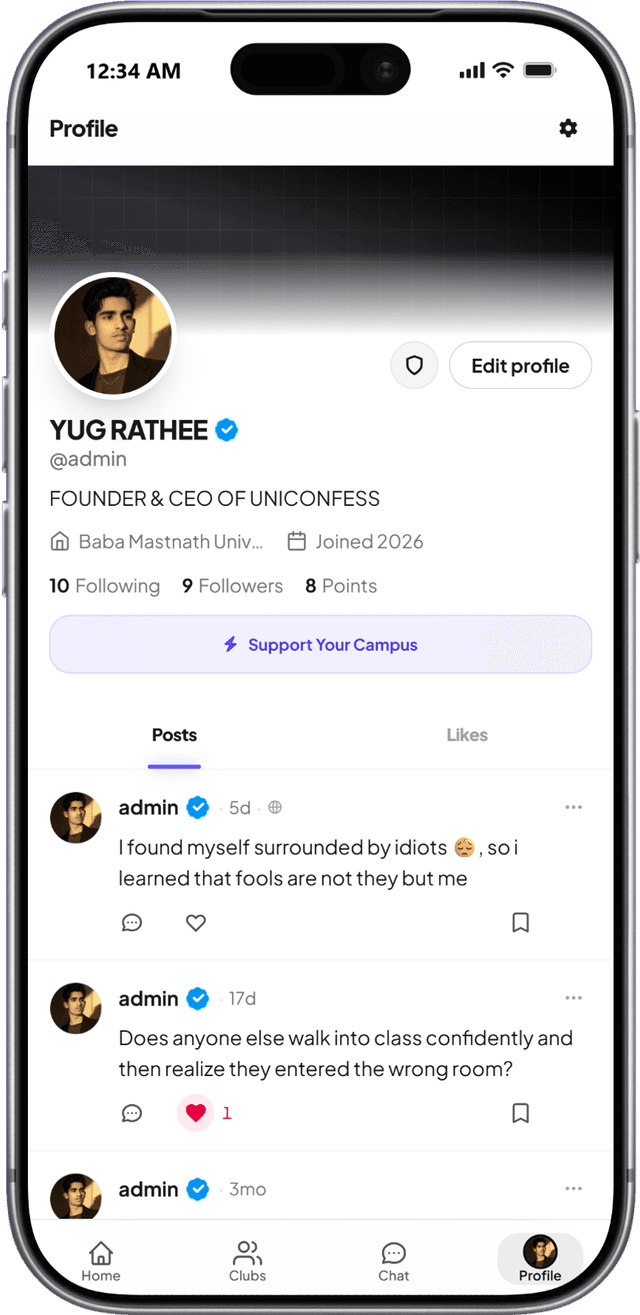 UniConfess student profile interface showing personalization and verification