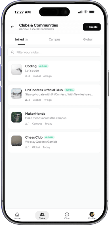 UniConfess University Student Clubs UniConfess app student clubs and real-time community chat interface