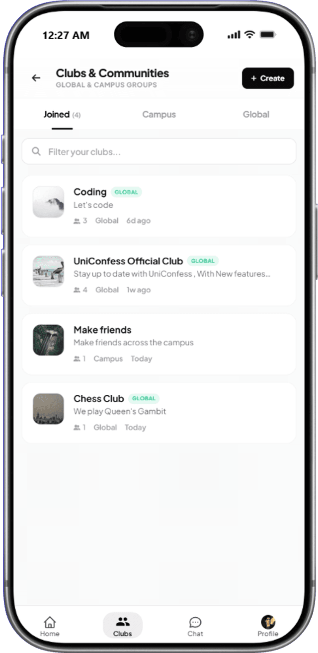 Student Clubs & Chat UniConfess app student clubs and real-time community chat interface